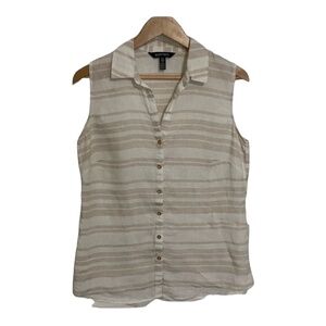 Ellen Tracy Linen Sleeveless‎ Striped Shirt Tan Cream Size Medium